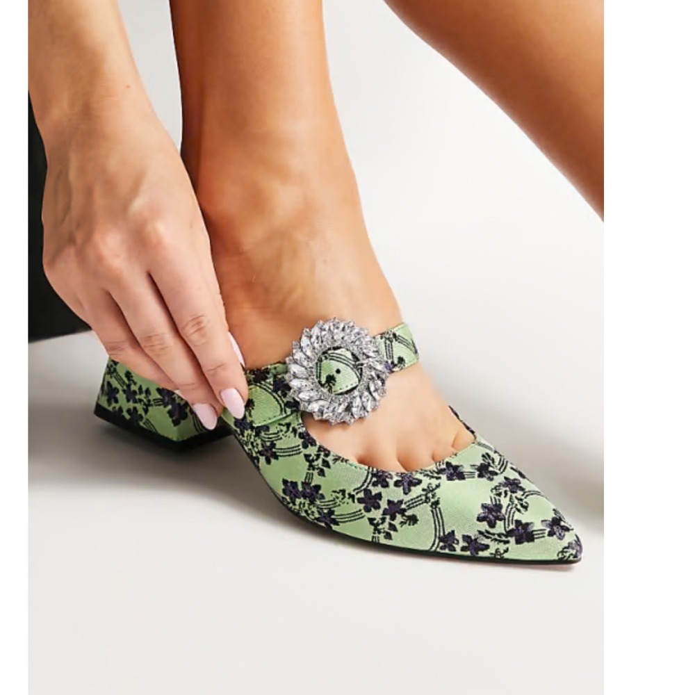 ASOS DESIGN Mules 8 Floral Green Rhinestone Buckle Block Heel Pointed Toe